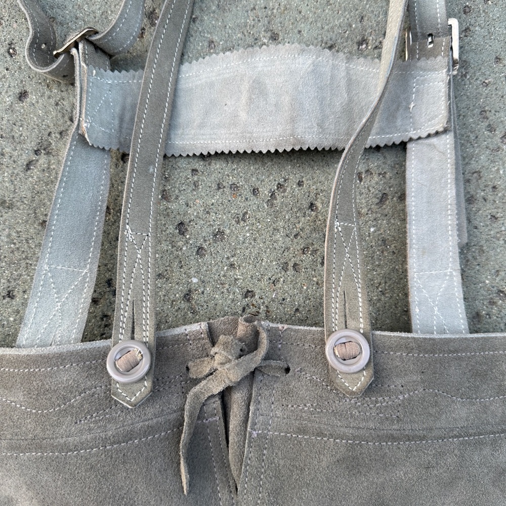 Vintage Grey Suede Lederhosen with Green Piping and Embroidery Stitch Detailing - Picture 9 of 9